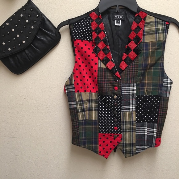 ZOOG Tuxedo Vest Red Black Beaded Collar Patchwork - Picture 5 of 8